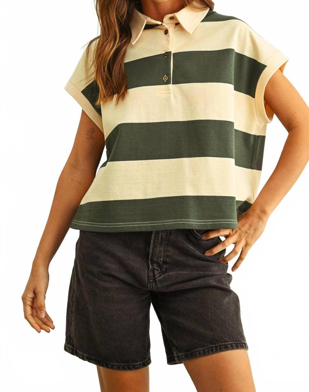 NEW MIOU MUSE wide striped short sleeve polo shirt in green/beige